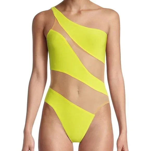 $265 NORMA KAMALI Snake Mesh One-Shoulder Swimsuit Bodysuit Nude Yellow XXS - Picture 3 of 16